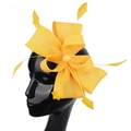 Elegant yellow Sinamay fascinator hat with delicate feathers and bow for party events - Yellow