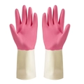 Pink and beige dual-color latex cleaning gloves with non-slip texture for household chores - S / Deep Pink