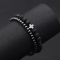 Set di 2 bracciali da uomo con pietra lavica nera, perline di ematite e ciondolo a croce - 4mm Ematite + 6mm Pietra Lavica