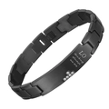 Schwarzes Edelstahl Magnettherapie-Armband mit Gravurgliedern und kleinen Kristallen - Schwarze Platte mit Text