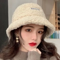 Winter plush bear ear bucket hat in creamy beige faux fur with golden ear accents - Beige Lamb Wool Bucket Hat