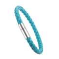 Detail of blue braided leather bracelet with a polished silver magnetic metal clasp - Lake Blue