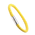 Detail of yellow braided leather bracelet with high-quality silver metallic clasp - Yellow