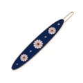 Détail d'une élégante barrette dorée avec émail bleu marine et motifs de marguerites - Clip à pression / Doré
