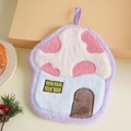 Detail of mushroom house shaped hand towel in purple coral fleece with hanging loop - Milky White