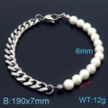 Bracciale a catena cubana in acciaio argento con perle di conchiglia bianche 6 mm - Bracciale 19cm / Color Acciaio