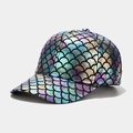 Detail of iridescent mermaid scale pattern on metallic finish baseball cap fabric - Adjustable / Rainbow