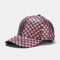 Detail of pink fish scale baseball cap featuring holographic metallic texture fabric - Adjustable / Pink