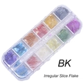Irregular slice flakes for nail art in multi-color 12-slot clear storage box organizer - 12 Compartment Irregular Sequins (BK)