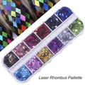 12-color laser rhombus nail art sequins in a clear plastic box for DIY manicure decoration - 12 Compartment Laser Rhombus Sequins (LS)