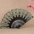 Elegant black folding fan with gold lace embroidery and sequins on textured background - Standard Type / Black