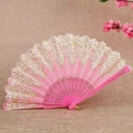 Elegant pink lace folding fan with gold floral embroidery and pink plastic ribs - Standard Type / Pink