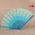 Chinese style folding fan in blue fabric with gold floral embroidery and sequins - Standard Type / Sky Blue
