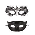 Set of two black Venetian masquerade masks with intricate cutout metal and rhinestone details - Small Pointed Black Metal Mask and Classic Black Beauty Mask