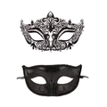 Set of black filigree metal Venetian masks with intricate rhinestones and embossed patterns - Large Pointed Black Metal Mask and Classic Black Beauty Mask