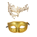 Detail showing golden filigree metal masquerade masks with rhinestones and glitter finish - Monocle Style Gold Metal Mask and Classic Gold Beauty Mask