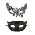 Detail of laser-cut black metal filigree mask with rhinestones and glitter finish - Rhinestone Black Metal Mask and Classic Black Beauty Mask
