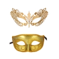 Detailed view of two gold masquerade masks with intricate cutout metal and rhinestone details - Small Pointed Gold Metal Mask and Classic Gold Beauty Mask