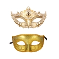 Close-up of two ornate gold masquerade masks with filigree diamonds and glitter patterns - Large Pointed Gold Metal Mask and Classic Gold Beauty Mask