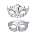 Detail of silver masquerade masks set featuring filigree metalwork and glitter patterns - Large Pointed Silver Metal Mask and Classic Silver Beauty Mask