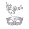 Detail of silver masquerade masks with intricate filigree, rhinestones, and silver glitter - Monocle Style Silver Metal Mask and Classic Silver Beauty Mask