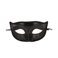 Detail of black laser-cut metal masquerade mask with ornate filigree and side ribbons - Classic Black Beauty Half Face Mask