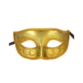 Close-up of a vintage gold masquerade mask with glitter details and black ribbons - Little Beauty Gold