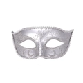 Detail of silver filigree masquerade mask with glitter edges and hollowed eye design - Little Beauty Silver