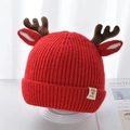 Cute red Christmas reindeer baby knit hat with antlers and soft fleece lining - Red - Deer Ears