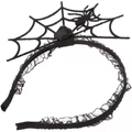 Detail of Halloween headband featuring a black 3D spider on a large decorative web - Black Rose Spider Web