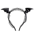 Detail of black bat wing headband with ruffled lace accents for Halloween parties - Black Bat Lace Headband