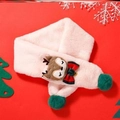 Detail view of pink plush kids scarf featuring 3D cartoon reindeer and green pom-pom decor - Scarf - Pink