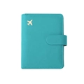 Cyan RFID passport holder with golden airplane icon and secure snap button closure - Blue