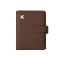 Dark brown leather RFID passport holder with gold airplane icon and snap closure strap - Dark Brown