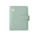 Light green leather RFID passport holder with gold airplane icon and snap closure - Light Green