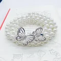 Elastic pearl waist chain with silver butterfly buckle and sparkling rhinestones - Double Butterfly Silver