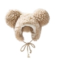 Süße beige Plüschmütze für Kinder mit runden Ohren und warmen geflochtenen Bändern - 56-58cm / Beige