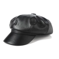 Classic black faux leather newsboy cap with minimalist octagonal crown for women - Adult / Black
