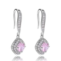 Detail of pink cushion-cut zircon halo drop earrings with silver hook fasteners - Pink