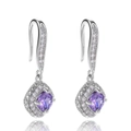 Detailed view of rectangle purple zircon earrings with halo stones and silver hooks - Purple