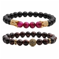 Detail of beaded bracelet set with tiger eye stones and gold pavé crown charms - Black Deep Pink Red Brown (Tiger Eye 2 Set 1)