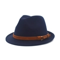 Detail of dark blue wool fedora with brown suede band and gold metal buckle - M (56-58cm) / Navy Blue