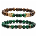 Close-up of tiger eye stone beads and gold crown charm on a handcrafted beaded bracelet set - Tiger Eye Green Tiger Eye Gold Crown (Tiger Eye 1 Set 2)