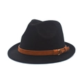 Detailed side view of a black wool fedora with a brown leather decorative buckle band - M (56-58cm) / Black