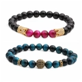 Set braccialetti in pietra occhio di tigre con corona dorata e sfere di zircone nero - Agata Nera Occhio di Tigre Rosa (Occhio di Tigre 4 Set 1)