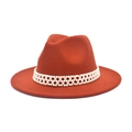 Classic burnt orange wool fedora hat with elegant white faux pearl braided band decoration - M(56-58cm) / Caramel color