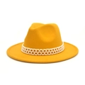 Close-up of bright yellow felt fedora hat featuring woven pearl decorative band - M(56-58cm) / Yellow