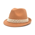 Sombrero Fedora de lana camel para mujer con banda decorativa de perlas blancas puras - M(56-58cm) / Camel
