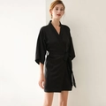 Elegant black silk satin short robe for women with kimono sleeves and matching waist tie - S / Robe / Black
