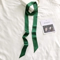 Solid green narrow silk scarf for handbags and hair styling on white linen background - 200cm / Dark Green